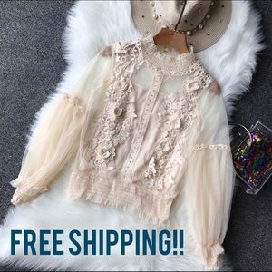 Lace Mesh Crochet Long Sleeve Blouse